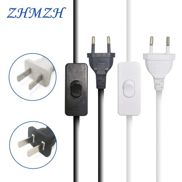 AC Power Cord 1.8m on-off Switch Plug Wire Two-pin  Cable Extension Cords Black White Line For LED lamp