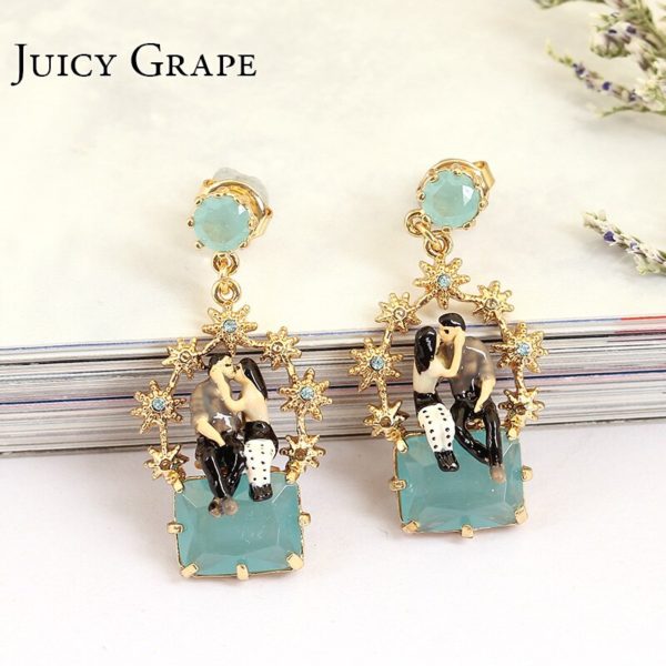 Hand Painted Romantic Paris Lovers Girl Enamel Stud Earrings For Women Star Decoration Pendant  Fashion Jewelry - Image 3