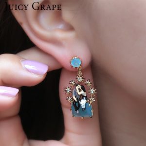 Hand Painted Romantic Paris Lovers Girl Enamel Stud Earrings For Women Star Decoration Pendant  Fashion Jewelry