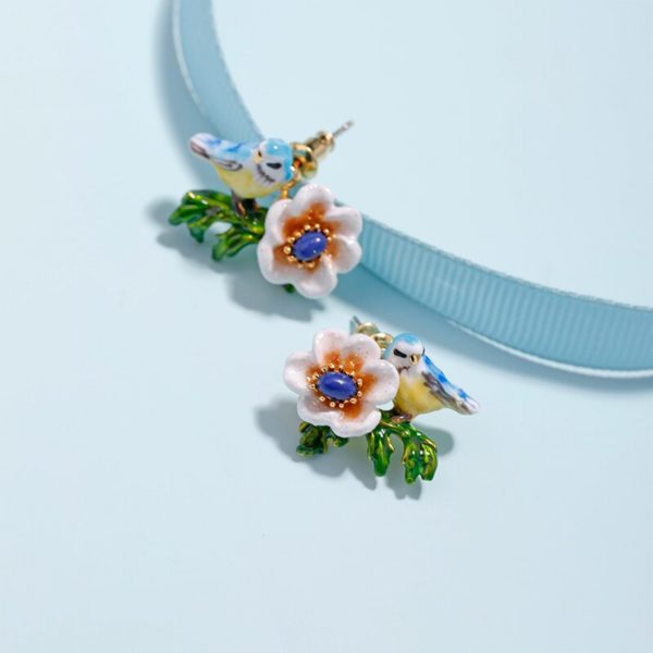JUICY GRAPE French Style Fashion Creative New Blue Bird Stud Earrings Women's Enamel Glazed White Flower Earrings - Image 3