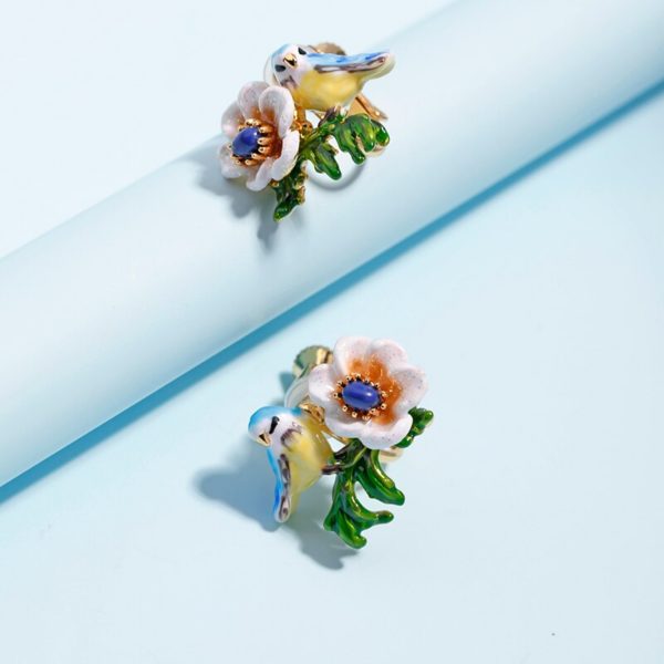 JUICY GRAPE French Style Fashion Creative New Blue Bird Stud Earrings Women's Enamel Glazed White Flower Earrings - Image 4