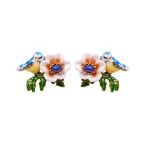 JUICY GRAPE French Style Fashion Creative New Blue Bird Stud Earrings Women's Enamel Glazed White Flower Earrings
