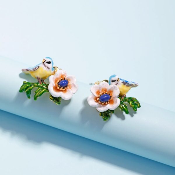 JUICY GRAPE French Style Fashion Creative New Blue Bird Stud Earrings Women's Enamel Glazed White Flower Earrings - Image 5