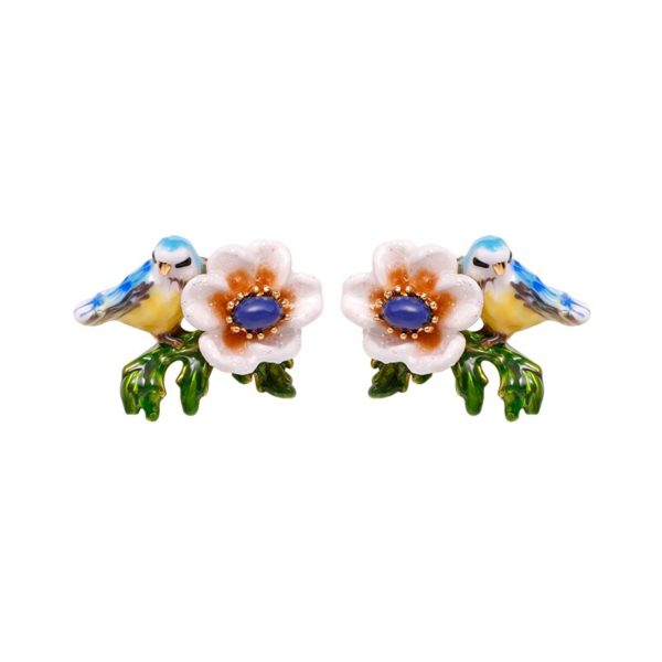JUICY GRAPE French Style Fashion Creative New Blue Bird Stud Earrings Women's Enamel Glazed White Flower Earrings