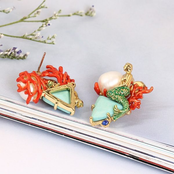 Juicy Grape 2019 Enamel Green Triangle Natural Stone Mermaid Pearl  925 Sterling Silver Needle Earrings Jewelry Women - Image 2