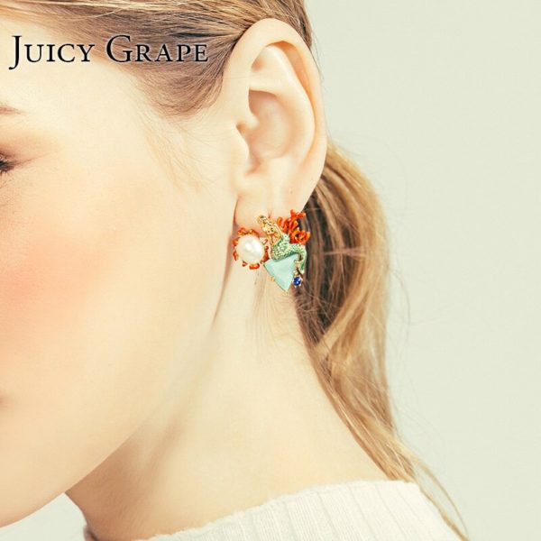 Juicy Grape 2019 Enamel Green Triangle Natural Stone Mermaid Pearl  925 Sterling Silver Needle Earrings Jewelry Women - Image 3