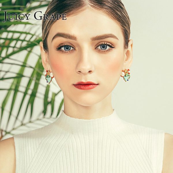 Juicy Grape 2019 Enamel Green Triangle Natural Stone Mermaid Pearl  925 Sterling Silver Needle Earrings Jewelry Women - Image 4