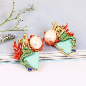 Juicy Grape 2019 Enamel Green Triangle Natural Stone Mermaid Pearl  925 Sterling Silver Needle Earrings Jewelry Women