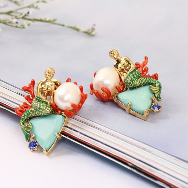 Juicy Grape 2019 Enamel Green Triangle Natural Stone Mermaid Pearl  925 Sterling Silver Needle Earrings Jewelry Women - Image 6
