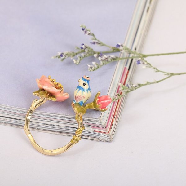 Juicy Grape 2019 Three-dimensional Pink Flower Blue Tit Birdie Adjustable Wedding Ring Gilded Jewelry For Women Gift for Girl - Image 2