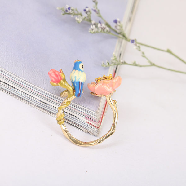 Juicy Grape 2019 Three-dimensional Pink Flower Blue Tit Birdie Adjustable Wedding Ring Gilded Jewelry For Women Gift for Girl - Image 3