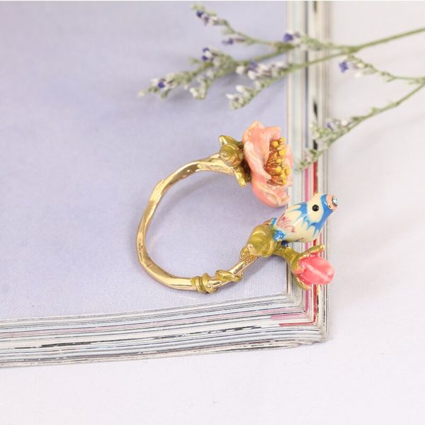 Juicy Grape 2019 Three-dimensional Pink Flower Blue Tit Birdie Adjustable Wedding Ring Gilded Jewelry For Women Gift for Girl - Image 4