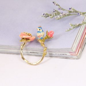 Juicy Grape 2019 Three-dimensional Pink Flower Blue Tit Birdie Adjustable Wedding Ring Gilded Jewelry For Women Gift for Girl