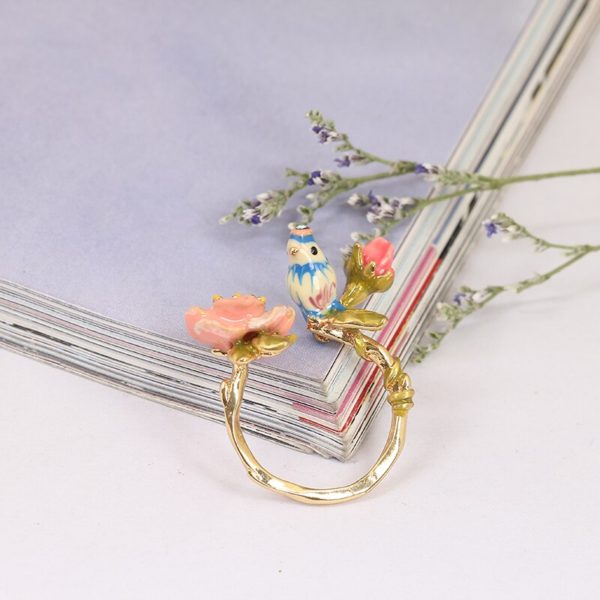 Juicy Grape 2019 Three-dimensional Pink Flower Blue Tit Birdie Adjustable Wedding Ring Gilded Jewelry For Women Gift for Girl - Image 5