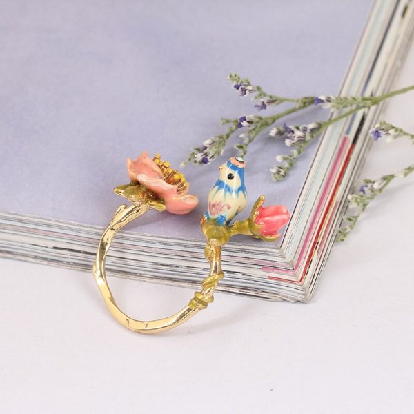 Juicy Grape 2019 Three-dimensional Pink Flower Blue Tit Birdie Adjustable Wedding Ring Gilded Jewelry For Women Gift for Girl - Image 6
