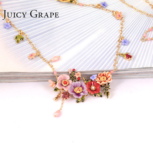 Juicy Grape Enamel Glaze Peony Flower Long Necklace Tassel Sweater Chain Pendant Necklace Hand Painted Enamel Jewelry - Image 2