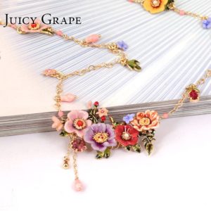 Juicy Grape Enamel Glaze Peony Flower Long Necklace Tassel Sweater Chain Pendant Necklace Hand Painted Enamel Jewelry