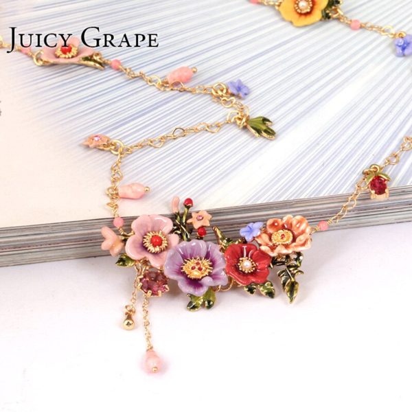 Juicy Grape Enamel Glaze Peony Flower Long Necklace Tassel Sweater Chain Pendant Necklace Hand Painted Enamel Jewelry