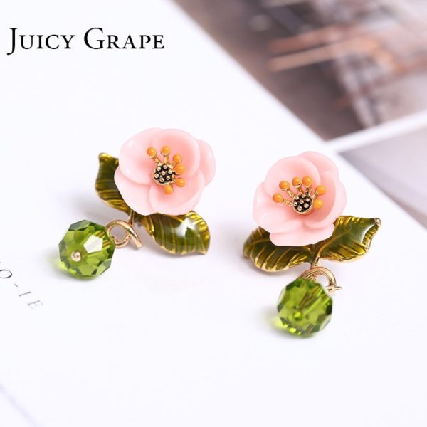 Juicy Grape Enamel Glaze Pink Resin Flower Earrings Green Leaf Glass Crystal Desensitization Copper Gilded  for Women - Image 2