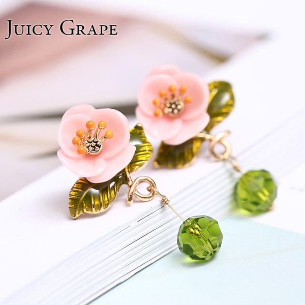 Juicy Grape Enamel Glaze Pink Resin Flower Earrings Green Leaf Glass Crystal Desensitization Copper Gilded  for Women - Image 3