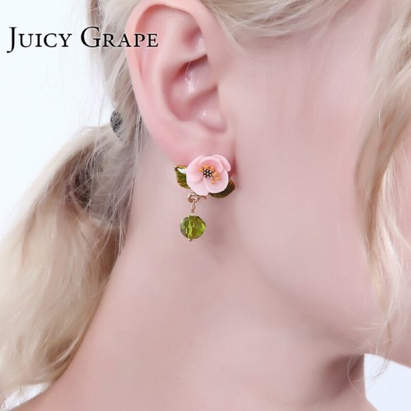 Juicy Grape Enamel Glaze Pink Resin Flower Earrings Green Leaf Glass Crystal Desensitization Copper Gilded  for Women - Image 4