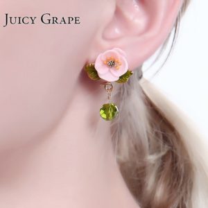 Juicy Grape Enamel Glaze Pink Resin Flower Earrings Green Leaf Glass Crystal Desensitization Copper Gilded  for Women
