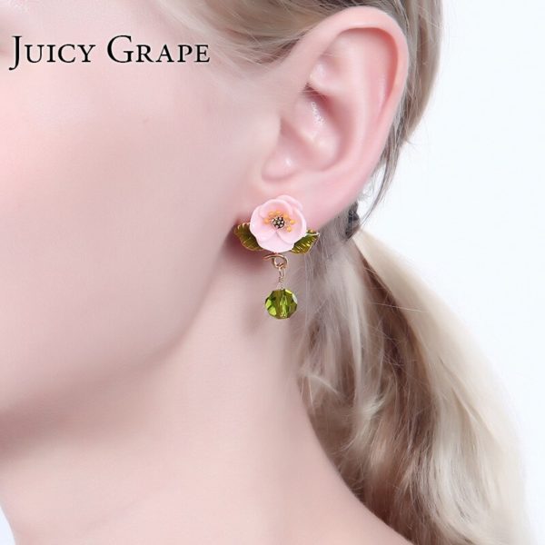 Juicy Grape Enamel Glaze Pink Resin Flower Earrings Green Leaf Glass Crystal Desensitization Copper Gilded  for Women - Image 5