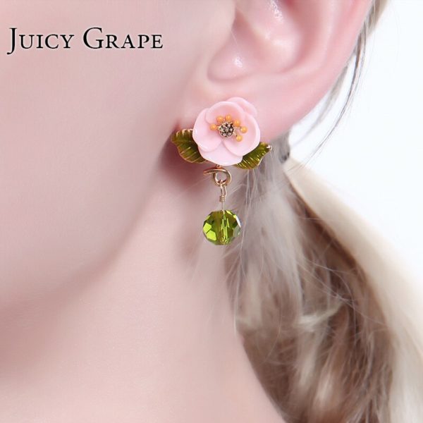 Juicy Grape Enamel Glaze Pink Resin Flower Earrings Green Leaf Glass Crystal Desensitization Copper Gilded  for Women