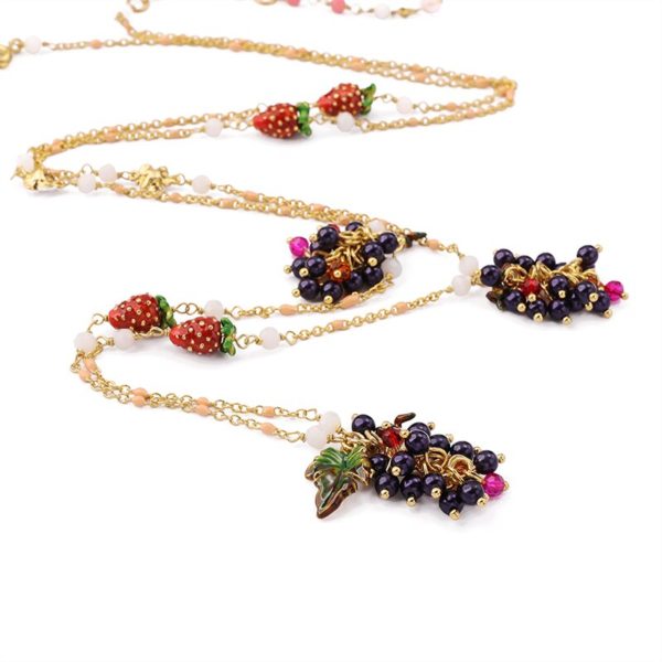 Juicy Grape European and American fashion long grape fruit tassanis pendant necklace Enamel leafy strawberry sweater chain - Image 2