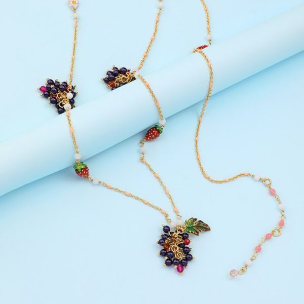 Juicy Grape European and American fashion long grape fruit tassanis pendant necklace Enamel leafy strawberry sweater chain - Image 4