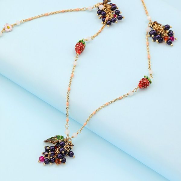Juicy Grape European and American fashion long grape fruit tassanis pendant necklace Enamel leafy strawberry sweater chain - Image 5