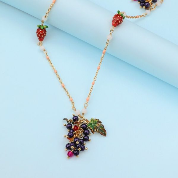 Juicy Grape European and American fashion long grape fruit tassanis pendant necklace Enamel leafy strawberry sweater chain - Image 6