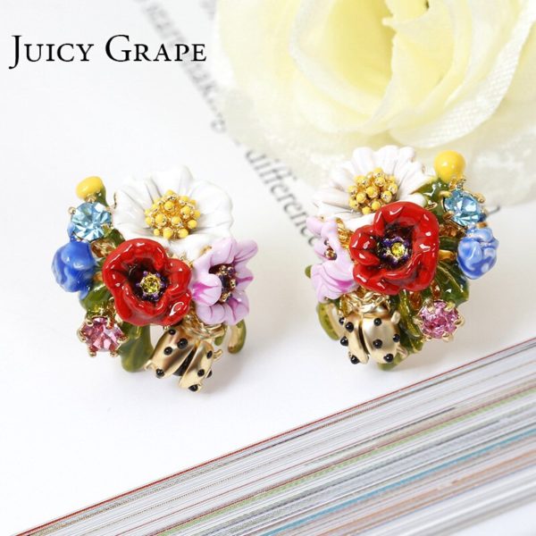 Juicy Grape Fashion High-end Enamel Glaze Flower Series Ladybug Stud Silver Needle Flower Earrings For Women Jewelry - Image 2