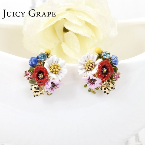 Juicy Grape Fashion High-end Enamel Glaze Flower Series Ladybug Stud Silver Needle Flower Earrings For Women Jewelry - Image 3