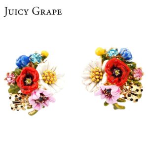 Juicy Grape Fashion High-end Enamel Glaze Flower Series Ladybug Stud Silver Needle Flower Earrings For Women Jewelry