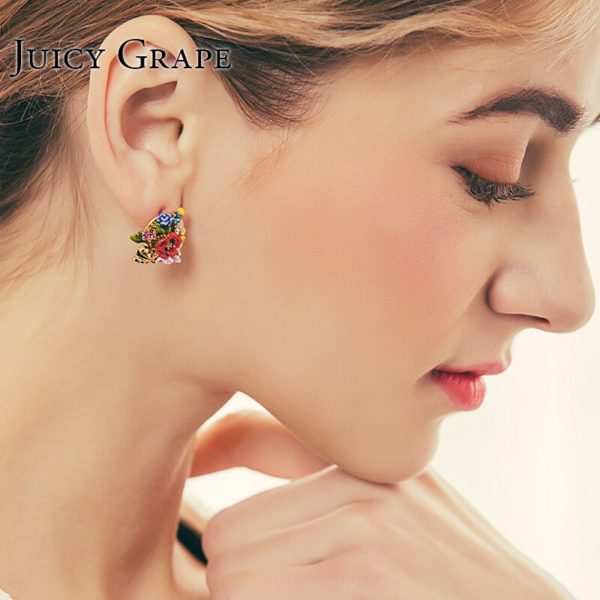 Juicy Grape Fashion High-end Enamel Glaze Flower Series Ladybug Stud Silver Needle Flower Earrings For Women Jewelry - Image 5