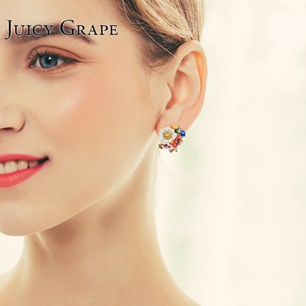 Juicy Grape Fashion High-end Enamel Glaze Flower Series Ladybug Stud Silver Needle Flower Earrings For Women Jewelry - Image 6