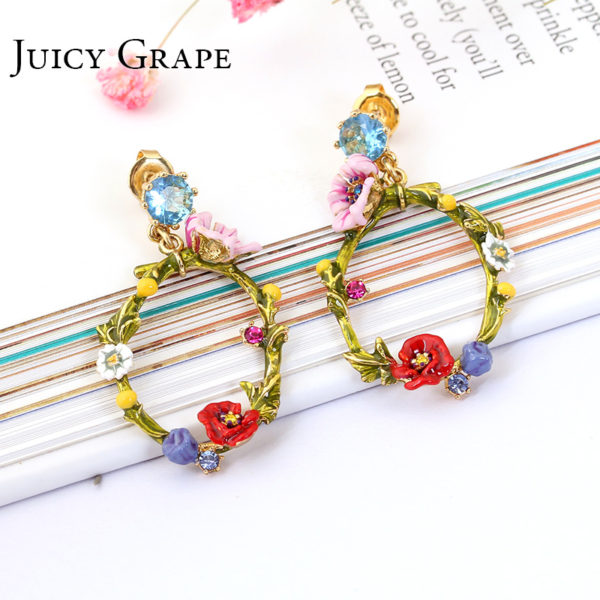 Juicy Grape Green Leaf Crystal Ear Ring Corn Poppy Flower  Fashion Jewellery Sieraden Joyas Pendientes Earring Women - Image 2
