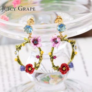 Juicy Grape Green Leaf Crystal Ear Ring Corn Poppy Flower  Fashion Jewellery Sieraden Joyas Pendientes Earring Women