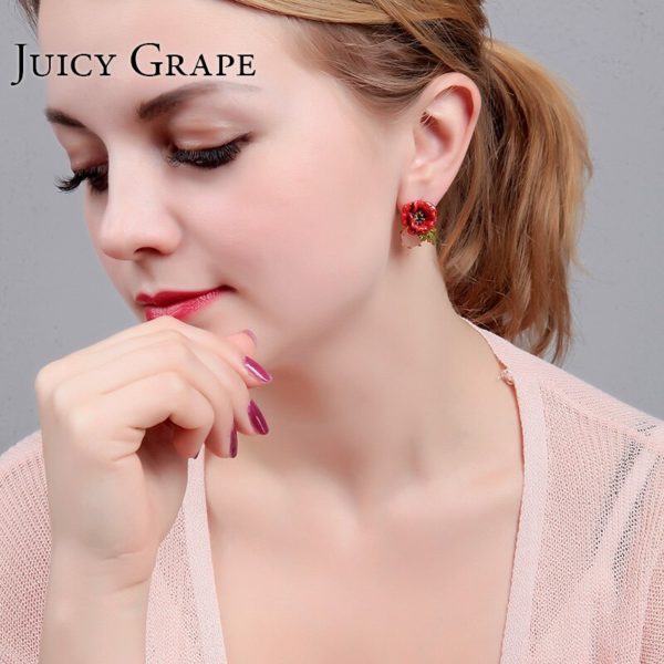 Juicy Grape Hand Painted Enamel Glaze Jewelry Red Rose Flower Crystal Earrings Gilded Stud Woman Accessories - Image 4