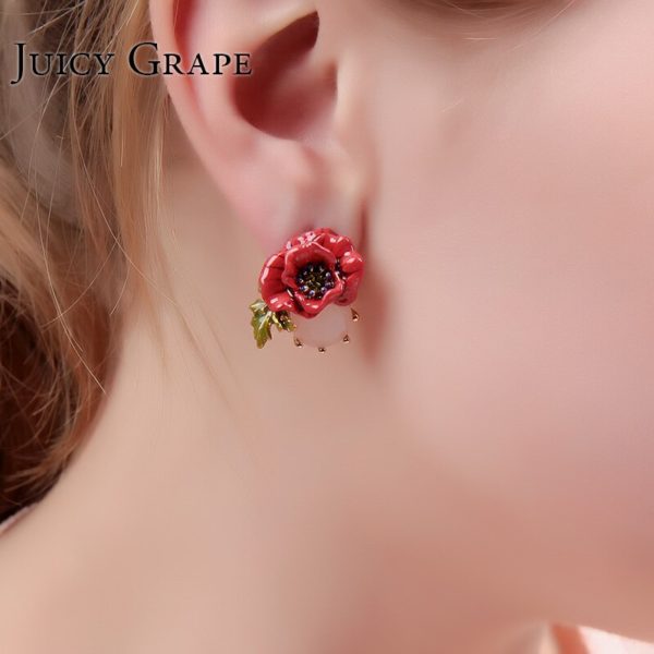 Juicy Grape Hand Painted Enamel Glaze Jewelry Red Rose Flower Crystal Earrings Gilded Stud Woman Accessories - Image 5