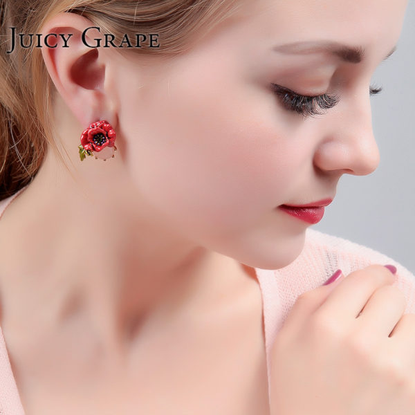 Juicy Grape Hand Painted Enamel Glaze Jewelry Red Rose Flower Crystal Earrings Gilded Stud Woman Accessories - Image 6