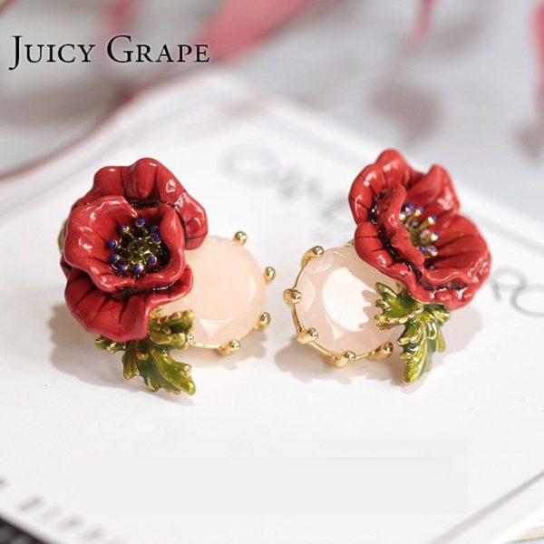 Juicy Grape Hand Painted Enamel Glaze Jewelry Red Rose Flower Crystal Earrings Gilded Stud Woman Accessories