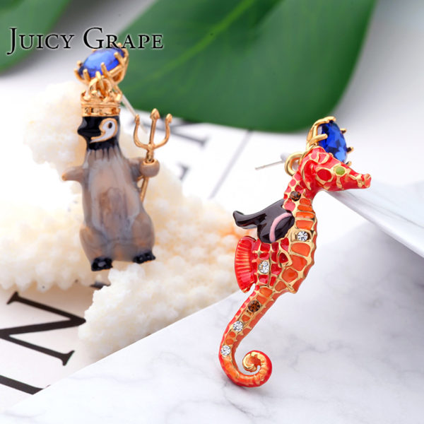 Juicy Grape Penguin Hippocampus Enamel Glaze Stud  Blue Stone Asymmetric 925 Silver Needle Earrings Women - Image 2