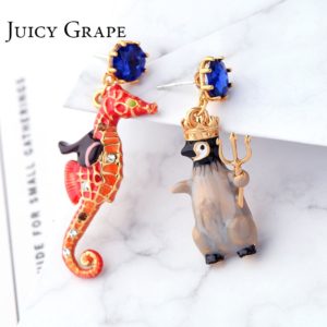 Juicy Grape Penguin Hippocampus Enamel Glaze Stud  Blue Stone Asymmetric 925 Silver Needle Earrings Women