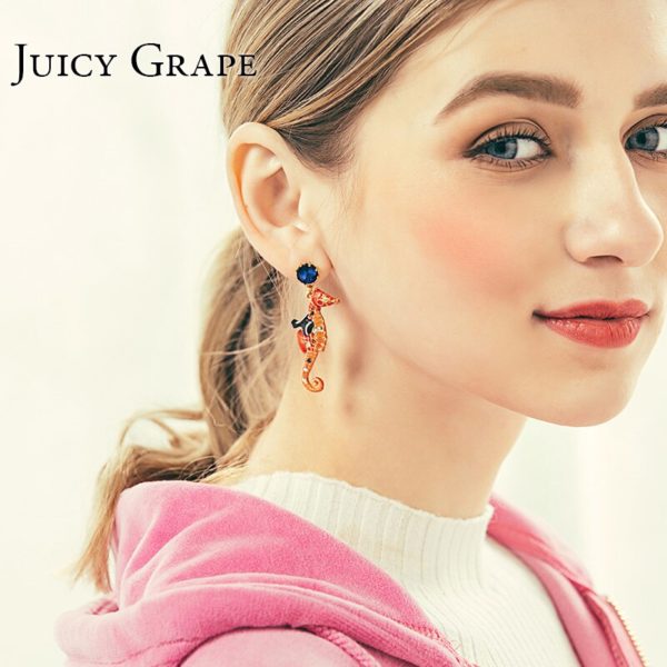 Juicy Grape Penguin Hippocampus Enamel Glaze Stud  Blue Stone Asymmetric 925 Silver Needle Earrings Women - Image 5