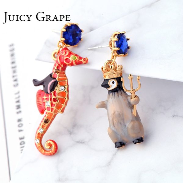 Juicy Grape Penguin Hippocampus Enamel Glaze Stud  Blue Stone Asymmetric 925 Silver Needle Earrings Women