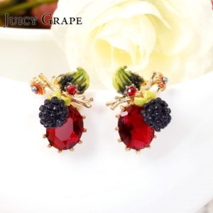Juicy Grape Plant Series Raspberry Black Fruit  Enamel Stud Earrings   Women Fashion Flower Jewelry