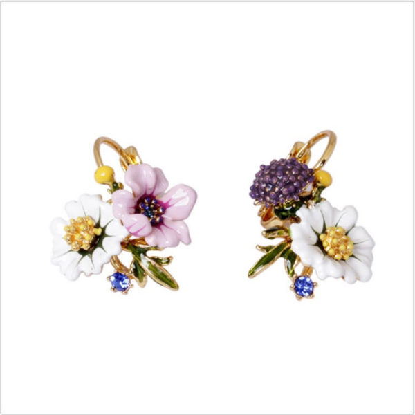 Juicy Grape Romantic Countryside Plants Series Enamel  White Daisy Flower  Purple Fruit Asymmetric Earrings - Image 3