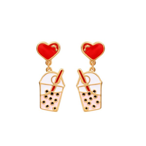 Juicy Grape Sweet Cute Pearl Milk Tea Earrings Women's Sterling 925 Silver Needle Pin Enamel Glazed Red Heart Earrings - Image 2